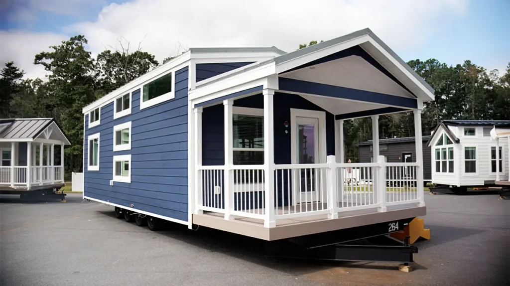 Blue Haven 2112 park model with covered porch at the factory