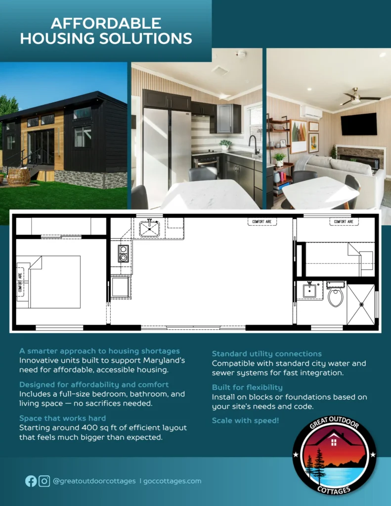 Affordable housing solutions flyer with a park model floor plan