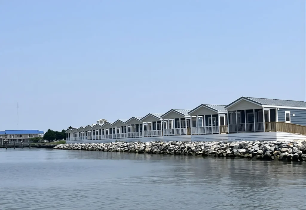 Row of cottages along the water at BluFin Cottages