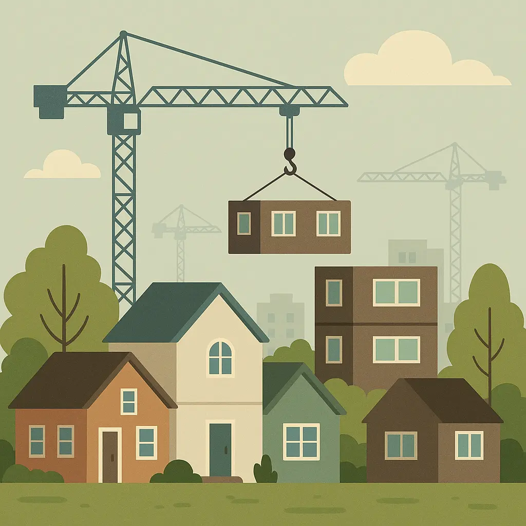 Illustration of modular homes being built with a crane