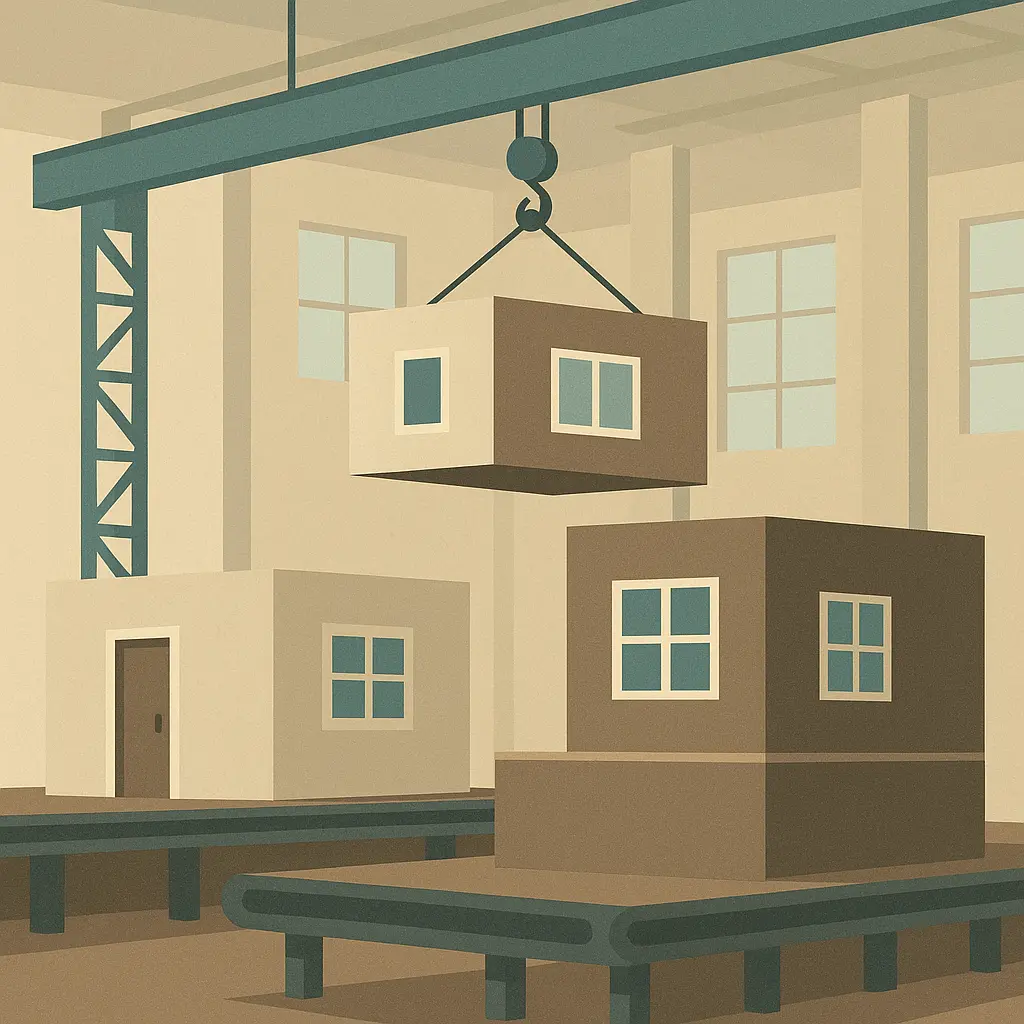 Illustration of a modular home module lifted into place