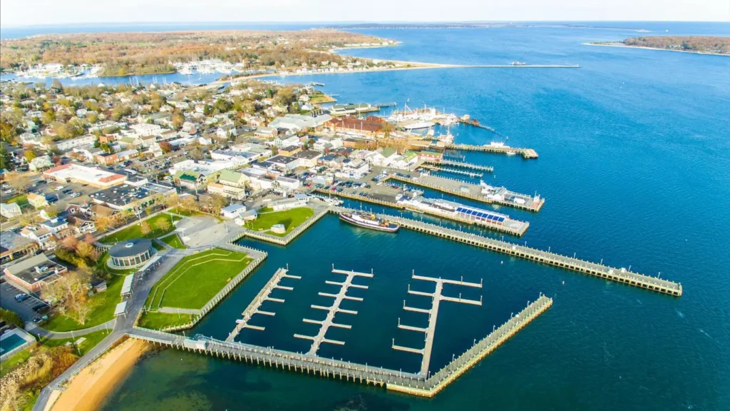 Aerial view of the marina near North Fork