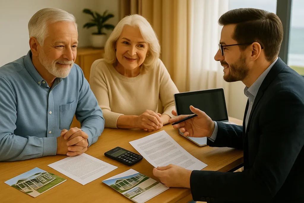Couple reviewing a park model purchase with an advisor
