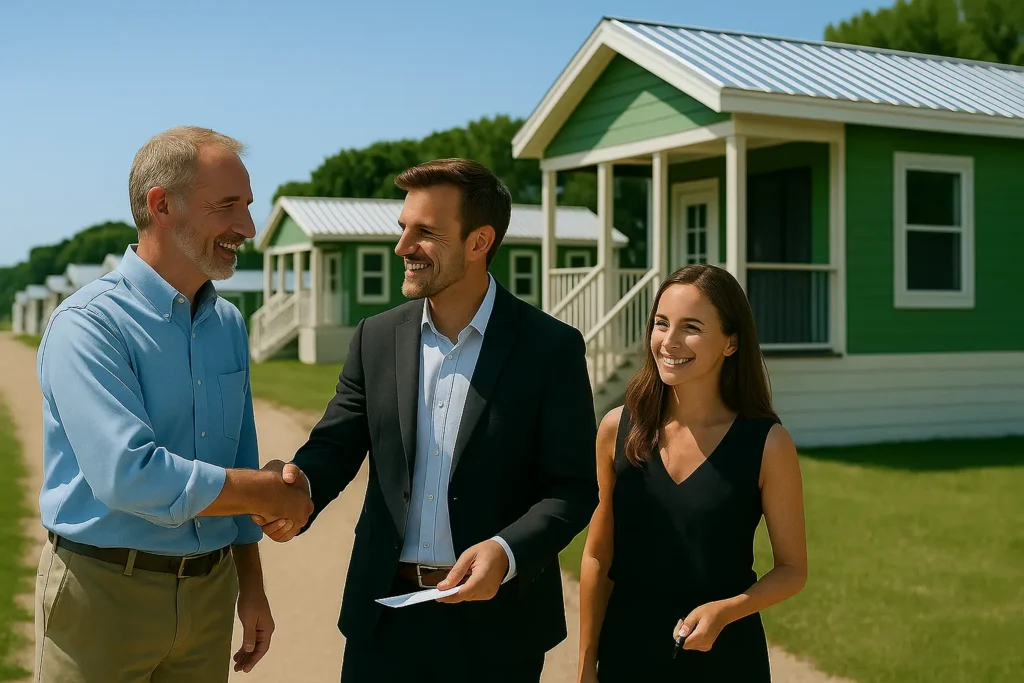 Campground owner shaking hands with a dealer in front of cottages