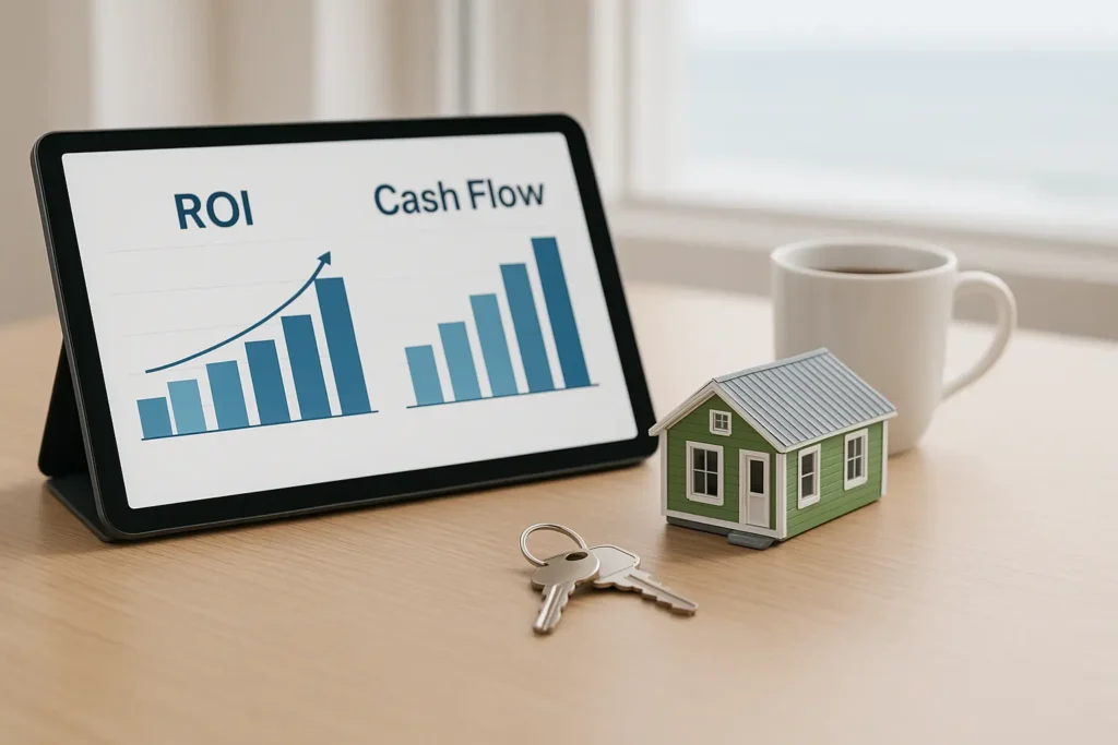 Tablet showing ROI and cash flow charts next to a model cottage