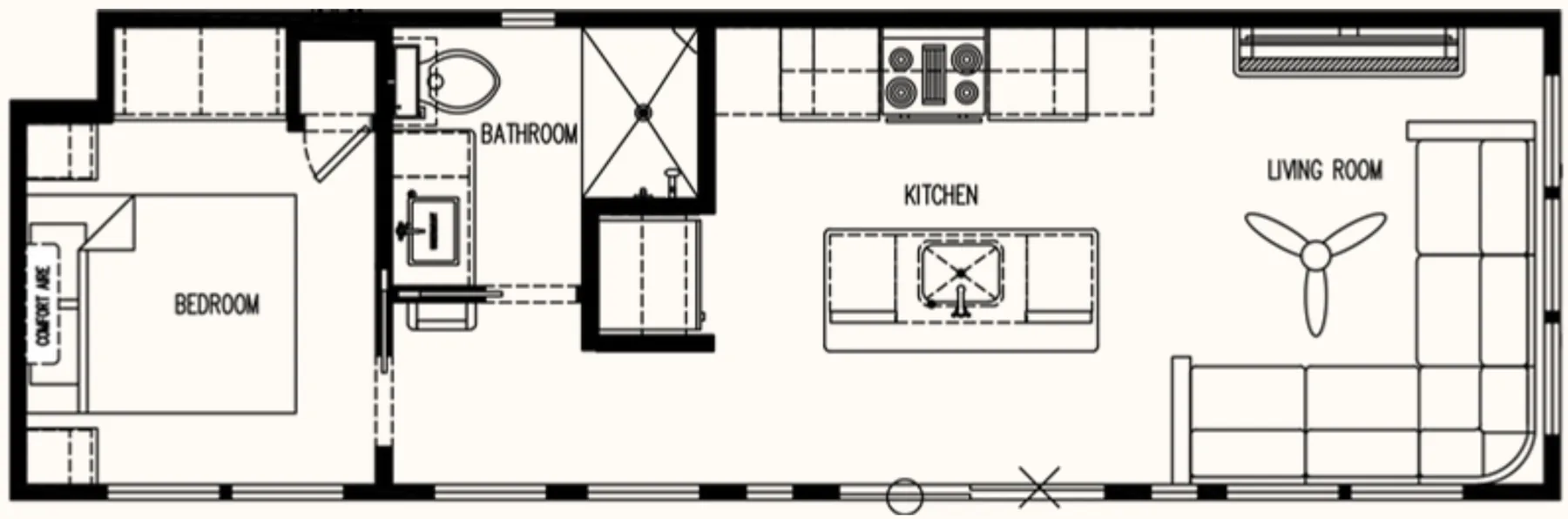 Bayview 110-L floorplan with bedroom, bathroom, kitchen island and living room