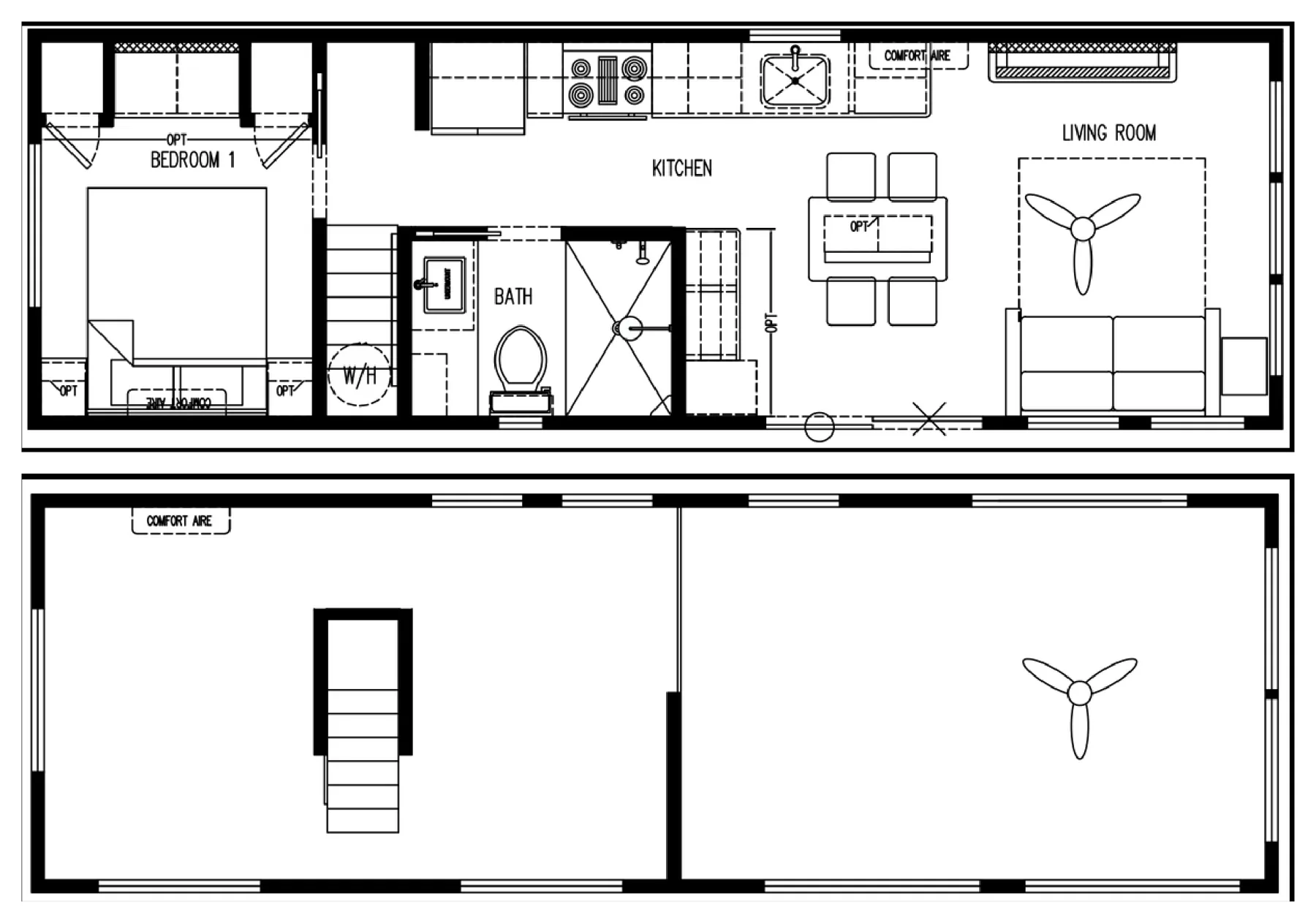 Bayview Loft 300-L3-K2 floorplan: main level with queen bedroom, bath, kitchen and living room, and the loft level above