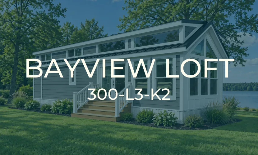 Bayview Loft 300-L3-K2 park model cottage exterior with gable window wall and front steps